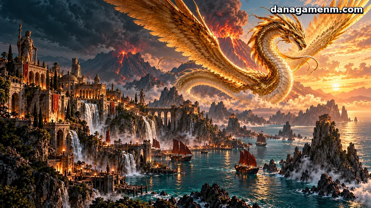 danagame — Naga emas terbang di atas pelabuhan fantasi